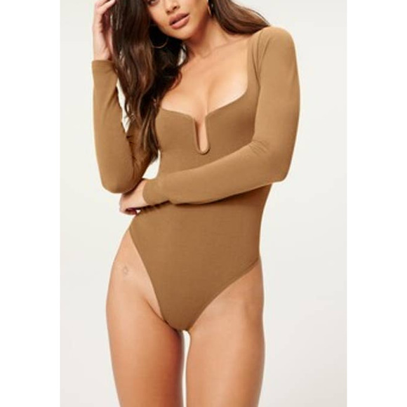 Good American Tops - Good American U Ring Long Sleeve Thong Bodysuit Army Green Small